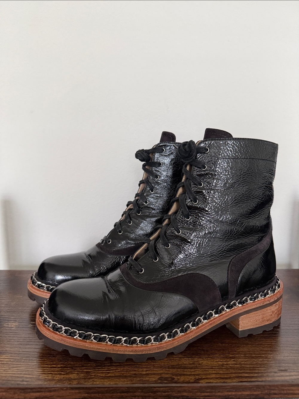 Chanel Boots Leather Lace-Up Combat Boots